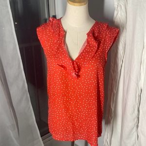 Gibson X Nordstrom coral red polka dot ruffle front v neck blouse size XS NWOT